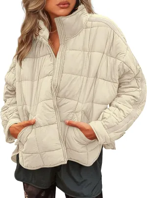 LEANI Women's Oversized Lightweight Puffer Jackets Long Sleeve Zipper Short Coat with Pockets