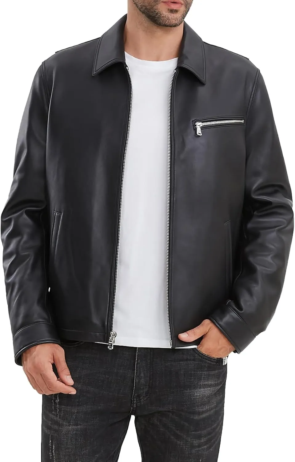 Leather Jacket Men,Lambskin Jacket with Full Zip Front,Casual Style,Tailored Design,Metal Snap Cuffs