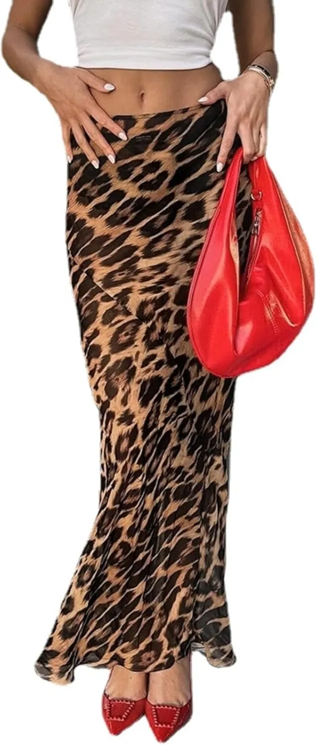 Leopard Print Skirts for Women, Y2k Long Skirt High Waisted Maxi Skirt, Fishtail Skirt Bodycon Club Dress
