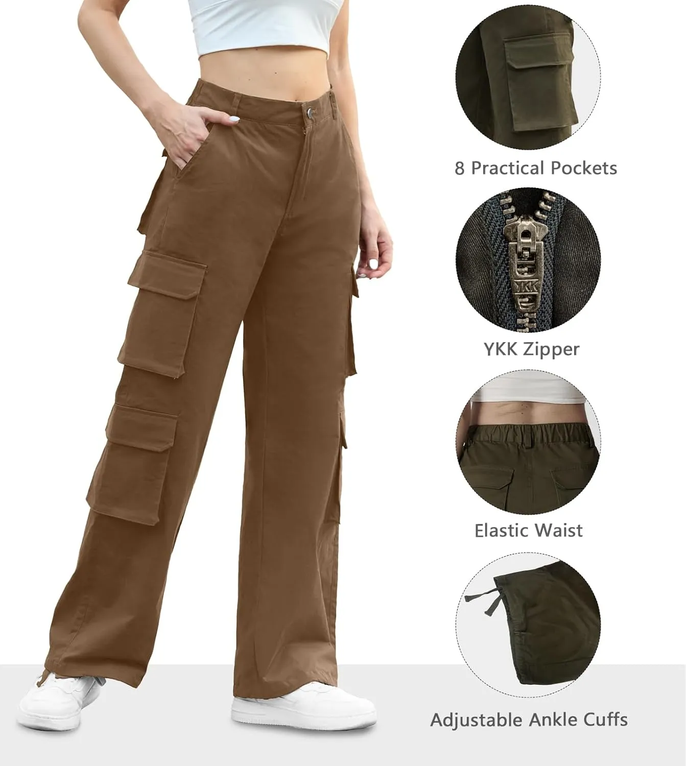 Lepunuo Womens Cargo Pants High Waisted Casual Pants Baggy Stretchy Wide Leg Y2k Streetwear with 8 Pockets