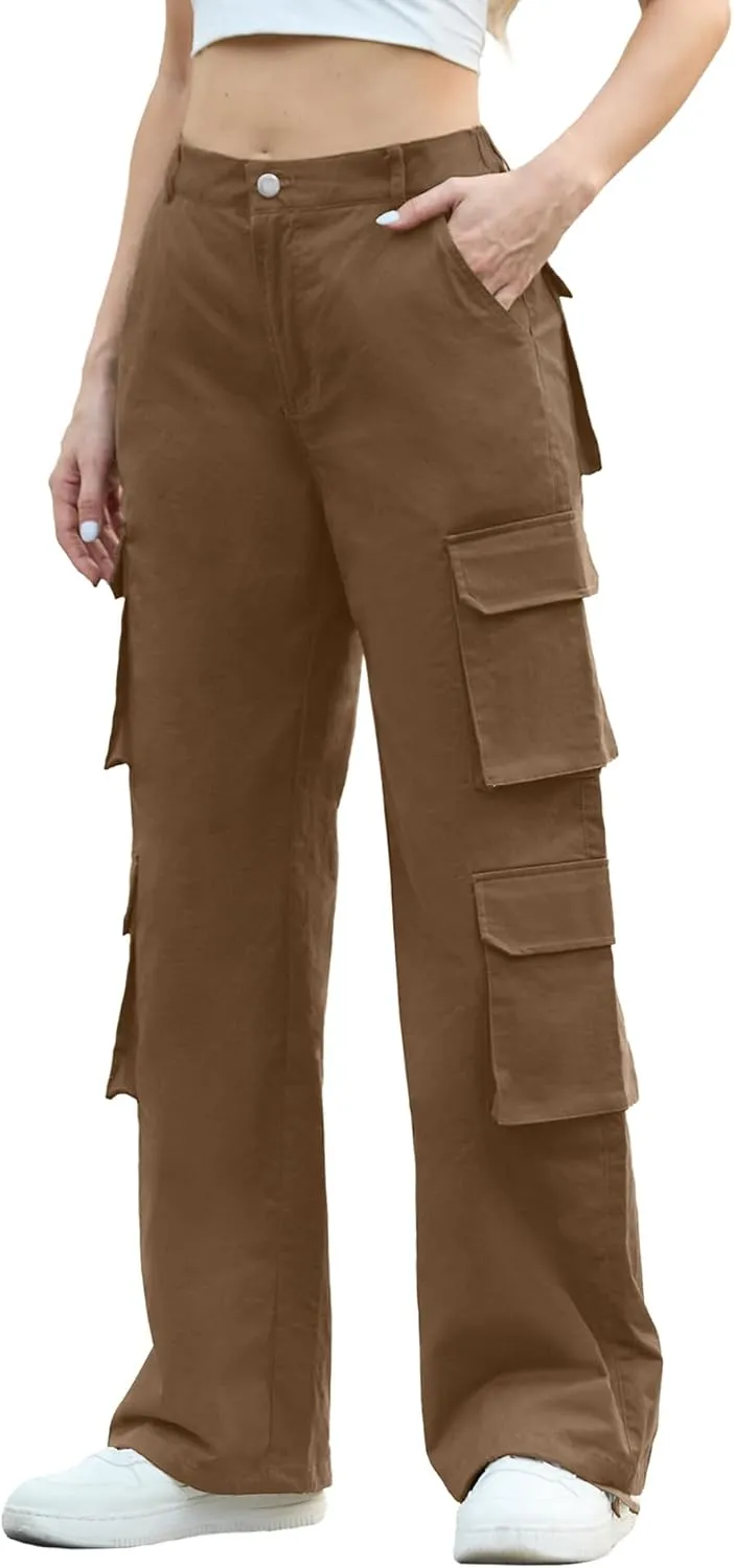 Lepunuo Womens Cargo Pants High Waisted Casual Pants Baggy Stretchy Wide Leg Y2k Streetwear with 8 Pockets