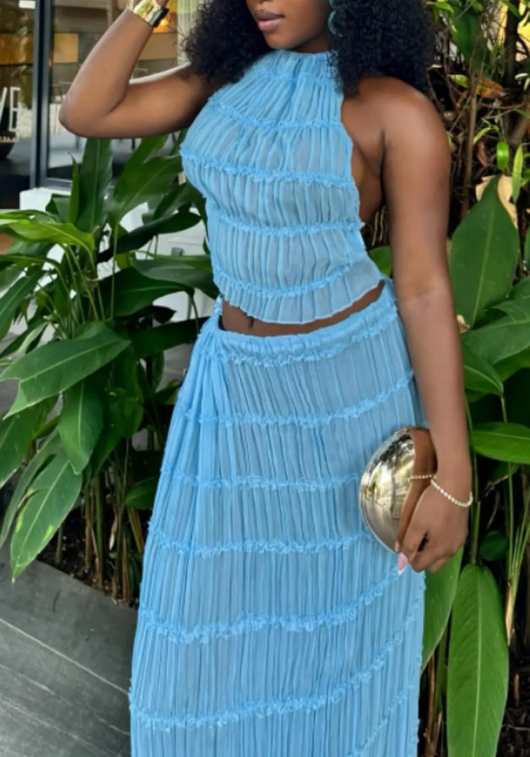 LETSVDO Skirt Sets Women 2 Piece Outfits Backless Halter Top And Pleated Ruffle Flowy Maxi Skirts Y2k Beach Vacation Set