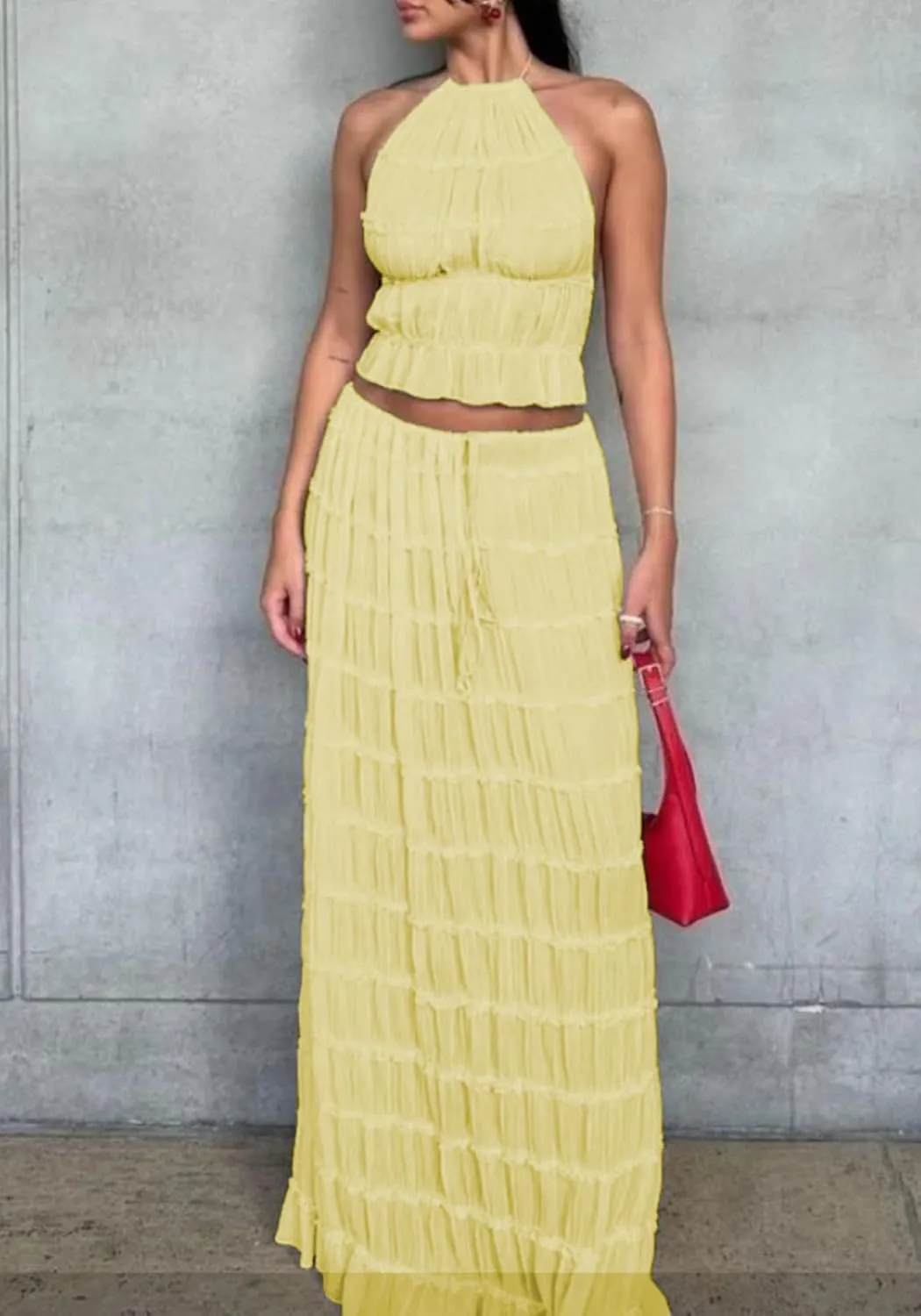 LETSVDO Skirt Sets Women 2 Piece Outfits Backless Halter Top And Pleated Ruffle Flowy Maxi Skirts Y2k Beach Vacation Set