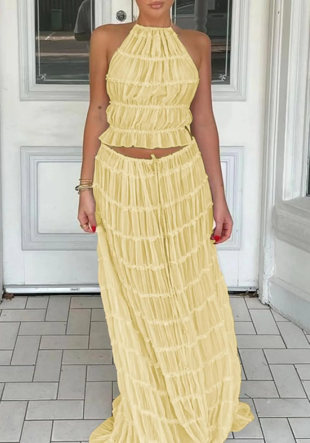 LETSVDO Skirt Sets Women 2 Piece Outfits Backless Halter Top And Pleated Ruffle Flowy Maxi Skirts Y2k Beach Vacation Set