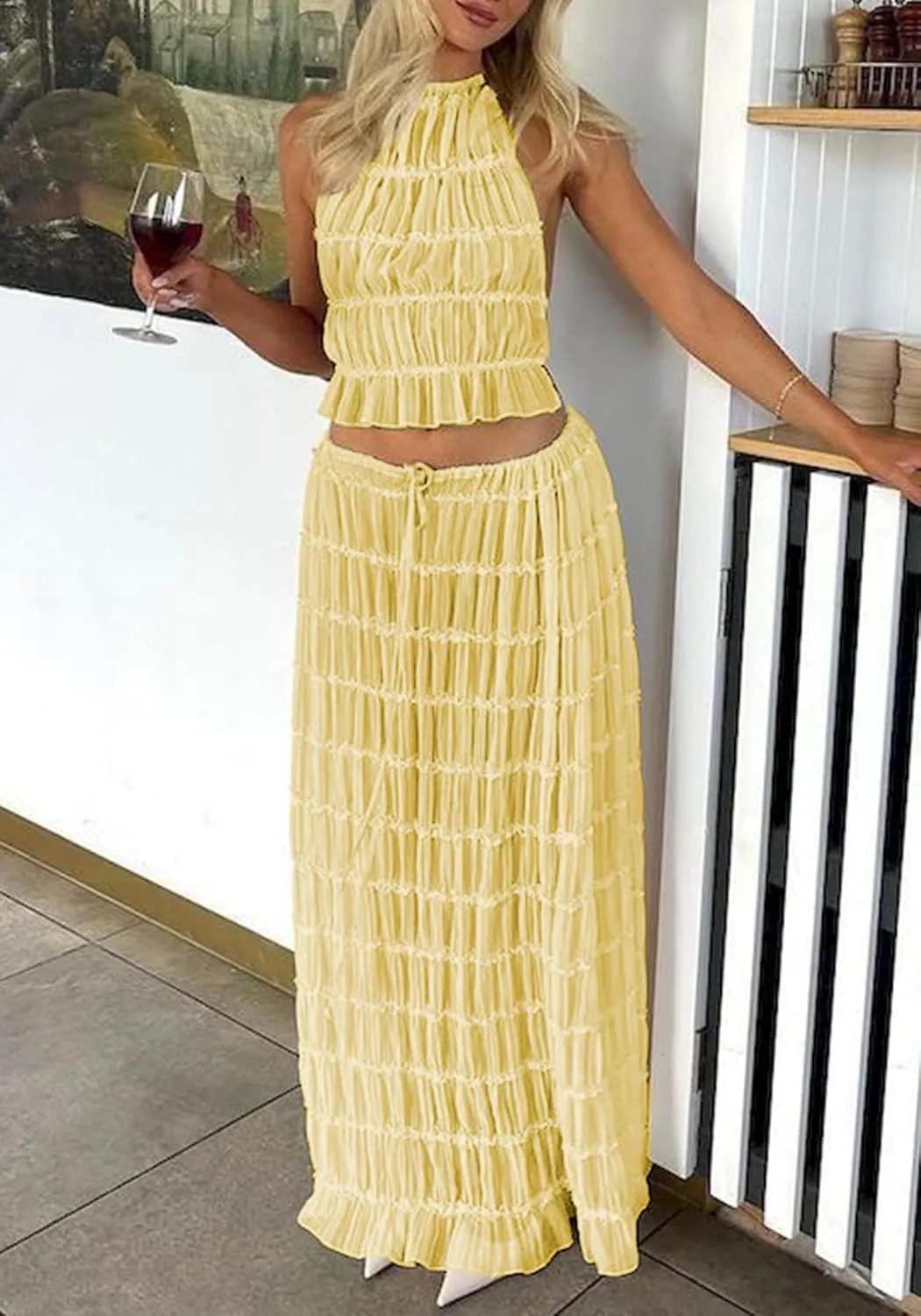 LETSVDO Skirt Sets Women 2 Piece Outfits Backless Halter Top And Pleated Ruffle Flowy Maxi Skirts Y2k Beach Vacation Set