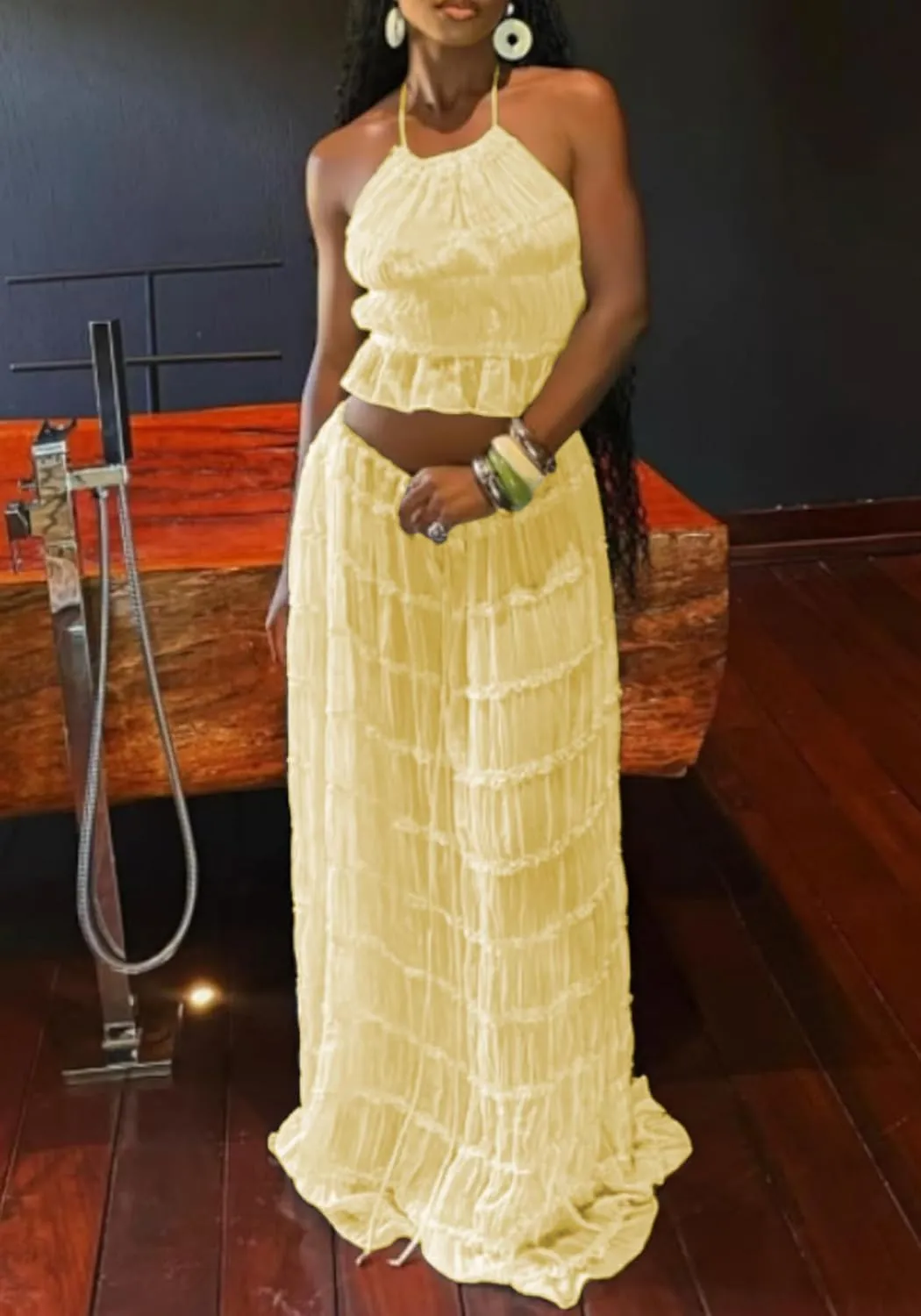 LETSVDO Skirt Sets Women 2 Piece Outfits Backless Halter Top And Pleated Ruffle Flowy Maxi Skirts Y2k Beach Vacation Set