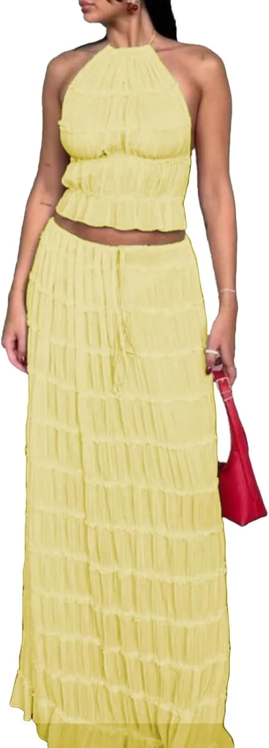 LETSVDO Skirt Sets Women 2 Piece Outfits Backless Halter Top And Pleated Ruffle Flowy Maxi Skirts Y2k Beach Vacation Set