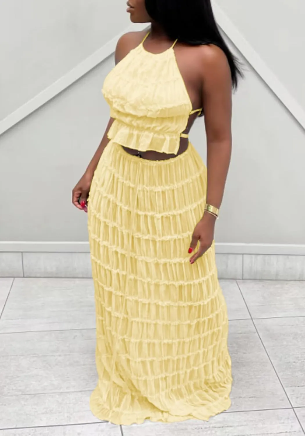 LETSVDO Skirt Sets Women 2 Piece Outfits Backless Halter Top And Pleated Ruffle Flowy Maxi Skirts Y2k Beach Vacation Set