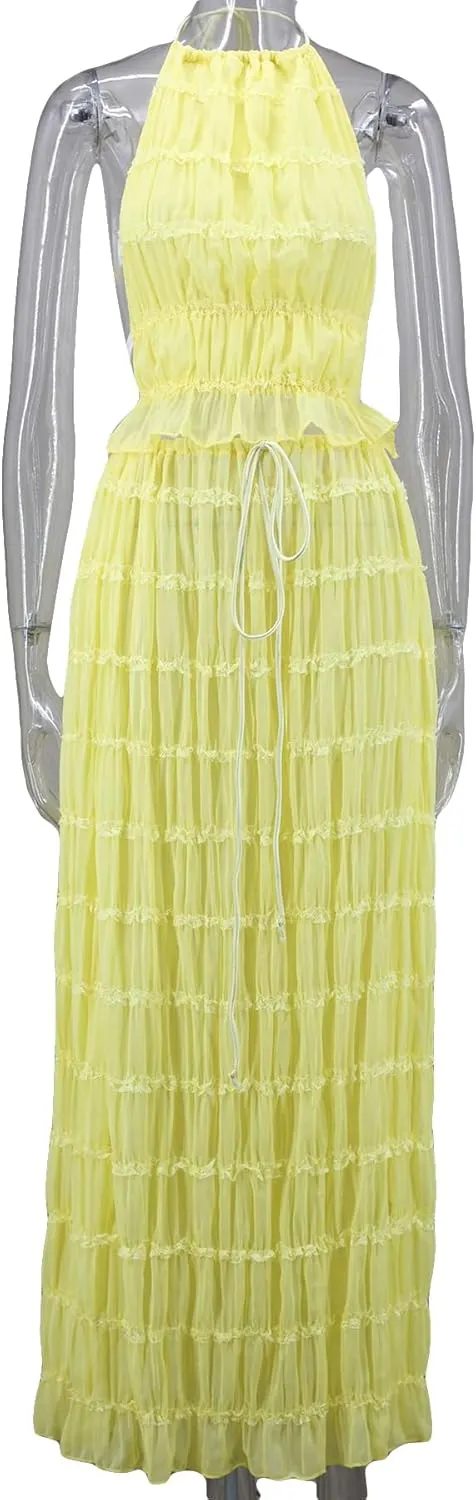 LETSVDO Skirt Sets Women 2 Piece Outfits Backless Halter Top And Pleated Ruffle Flowy Maxi Skirts Y2k Beach Vacation Set