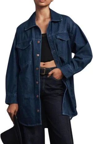 LifeShe Denim Womens Shacket Oversized Jean Jacket Boyfriend Pocket Long Shirt