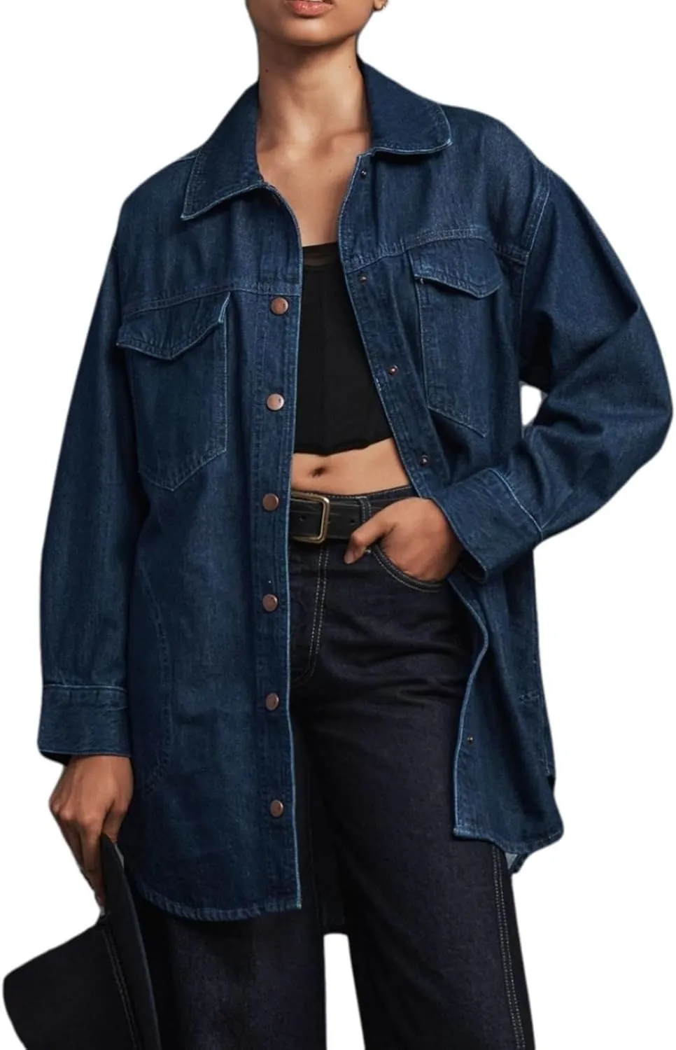 LifeShe Denim Womens Shacket Oversized Jean Jacket Boyfriend Pocket Long Shirt