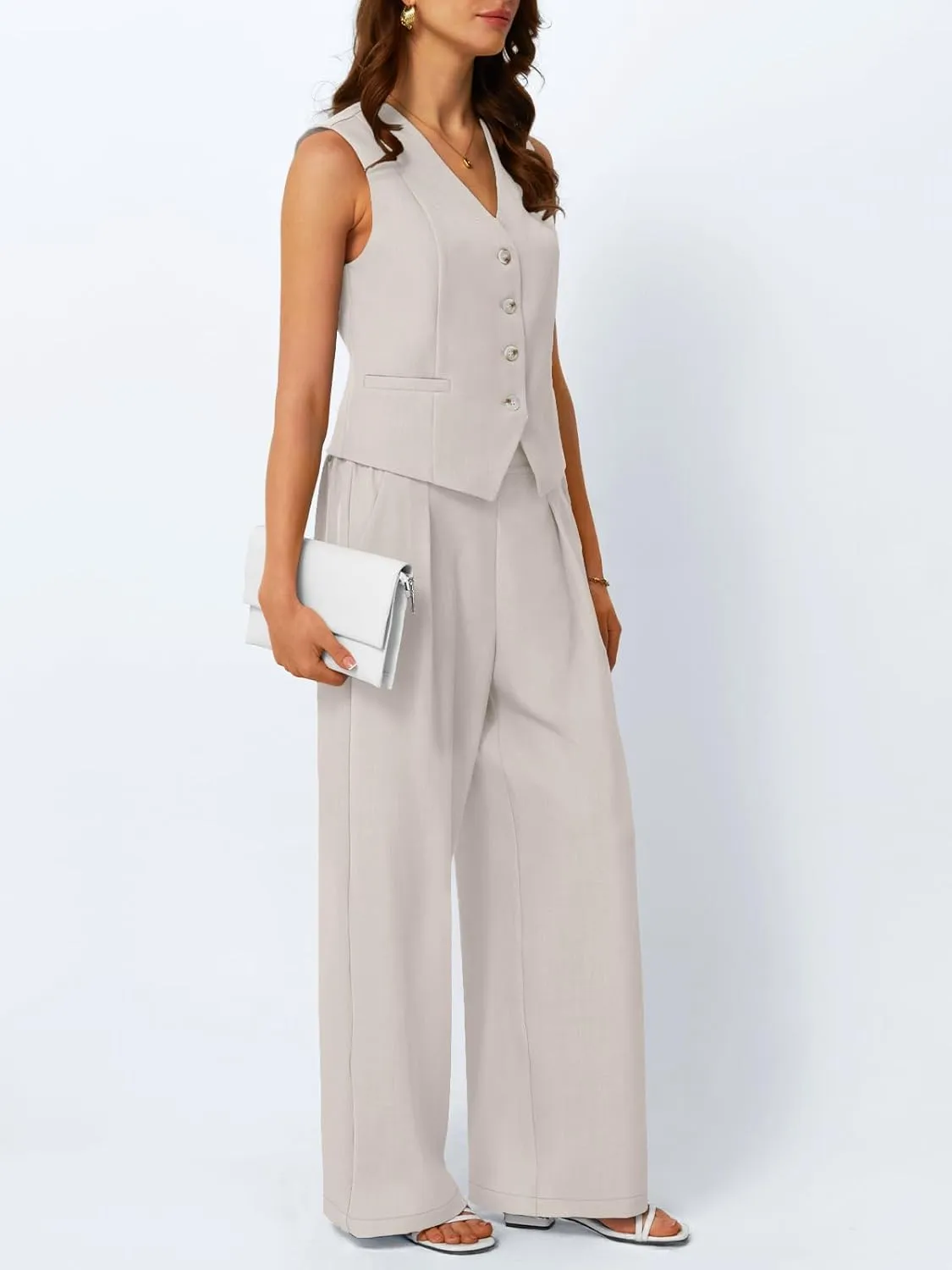LILLUSORY Womens V Neck Twill Tailored Blazer Sleeveless Vest Two 2 Piece Set Wide Leg Pant Suit
