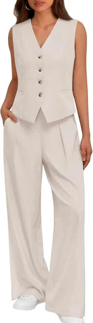 LILLUSORY Womens V Neck Twill Tailored Blazer Sleeveless Vest Two 2 Piece Set Wide Leg Pant Suit