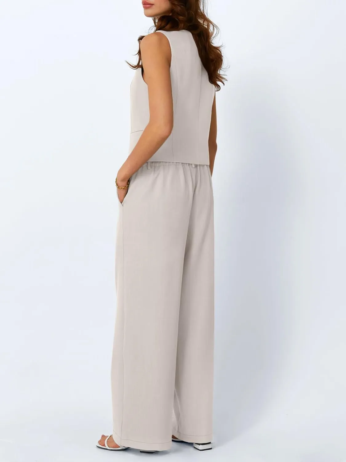 LILLUSORY Womens V Neck Twill Tailored Blazer Sleeveless Vest Two 2 Piece Set Wide Leg Pant Suit