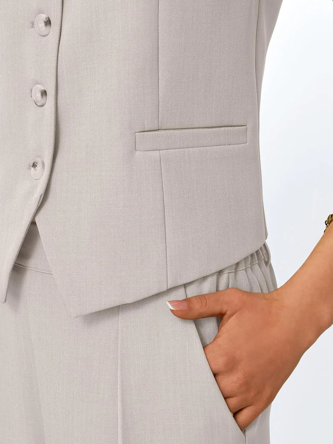 LILLUSORY Womens V Neck Twill Tailored Blazer Sleeveless Vest Two 2 Piece Set Wide Leg Pant Suit