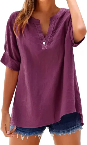 Linen Shirts for Women Short Sleeve Buttons V Neck Boho Tops Solid Color Summer Beach Blouses Casual Loose Fit Tee
