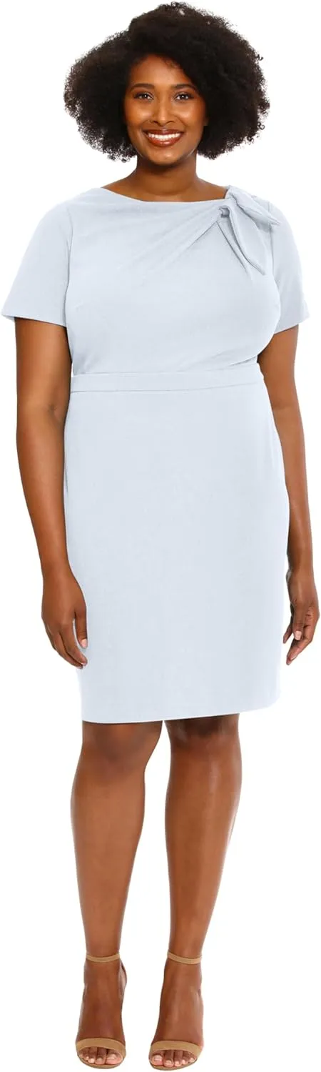 London Times Women's Boat Neck Side Tie Short Sleeve Knee Length-Cocktail Party Summer Dress with Bow Detail