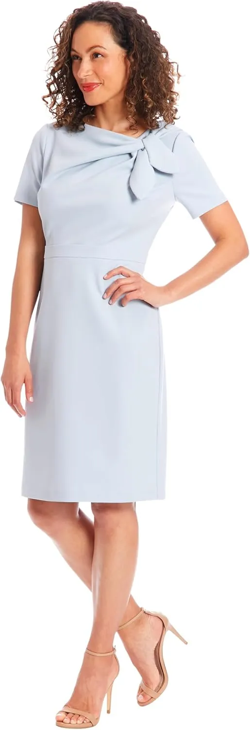 London Times Women's Boat Neck Side Tie Short Sleeve Knee Length-Cocktail Party Summer Dress with Bow Detail