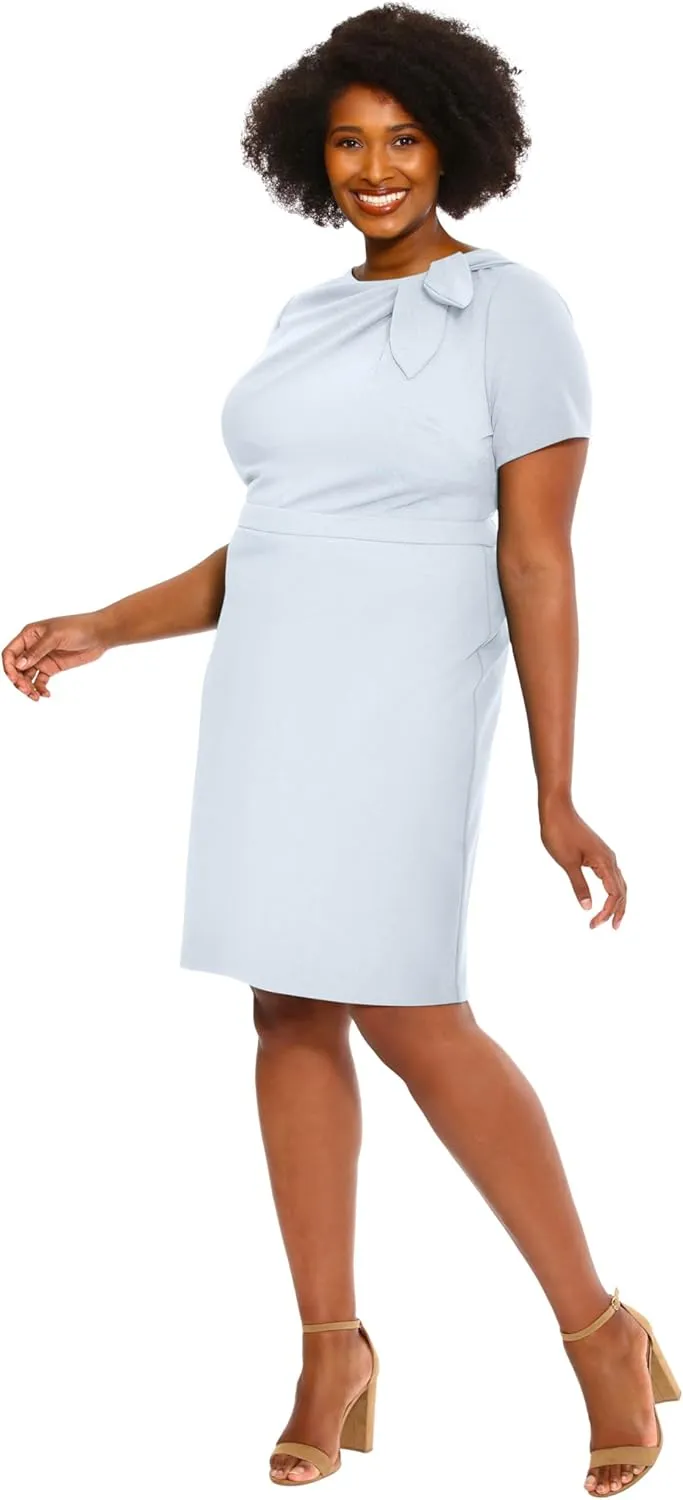 London Times Women's Boat Neck Side Tie Short Sleeve Knee Length-Cocktail Party Summer Dress with Bow Detail