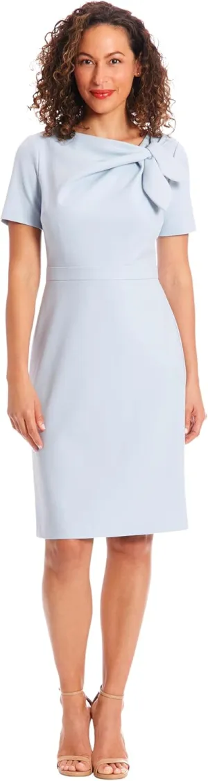 London Times Women's Boat Neck Side Tie Short Sleeve Knee Length-Cocktail Party Summer Dress with Bow Detail