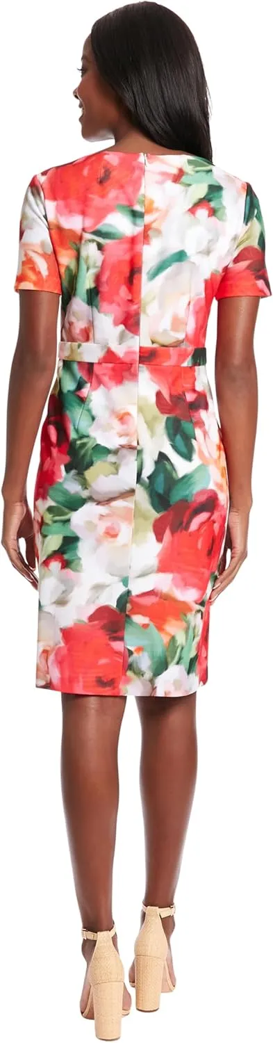 London Times Women's Boat Neck Side Tie Short Sleeve Knee Length-Cocktail Party Summer Dress with Bow Detail