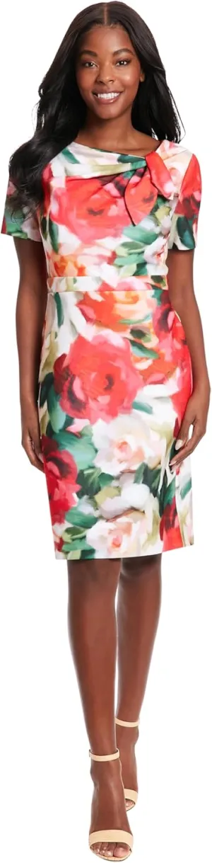 London Times Women's Boat Neck Side Tie Short Sleeve Knee Length-Cocktail Party Summer Dress with Bow Detail