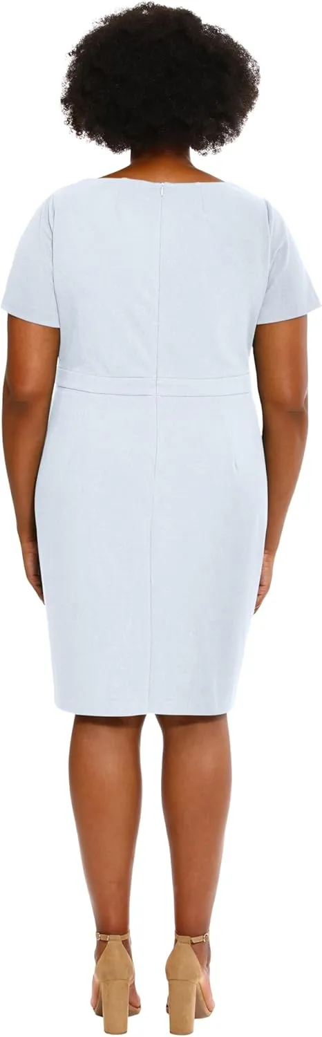 London Times Women's Boat Neck Side Tie Short Sleeve Knee Length-Cocktail Party Summer Dress with Bow Detail