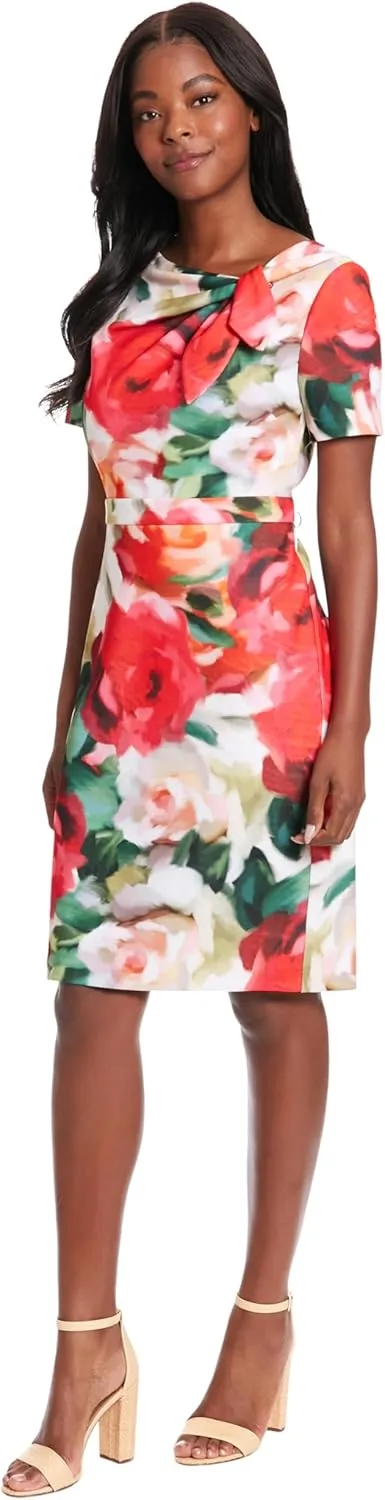 London Times Women's Boat Neck Side Tie Short Sleeve Knee Length-Cocktail Party Summer Dress with Bow Detail