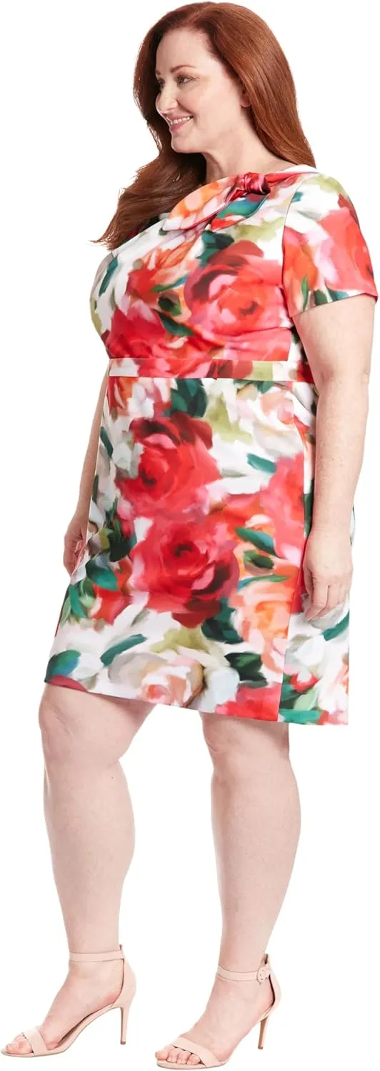 London Times Women's Boat Neck Side Tie Short Sleeve Knee Length-Cocktail Party Summer Dress with Bow Detail