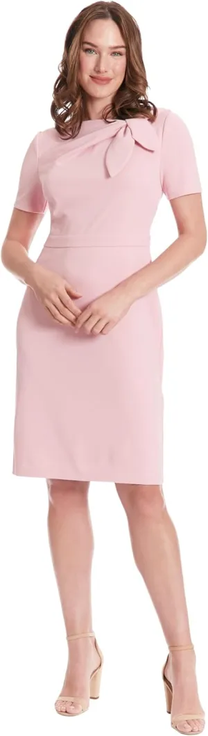 London Times Women's Boat Neck Side Tie Short Sleeve Knee Length-Cocktail Party Summer Dress with Bow Detail