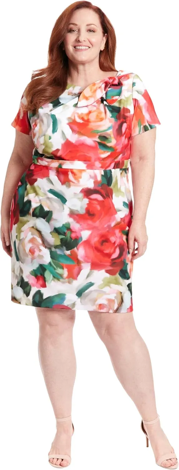 London Times Women's Boat Neck Side Tie Short Sleeve Knee Length-Cocktail Party Summer Dress with Bow Detail