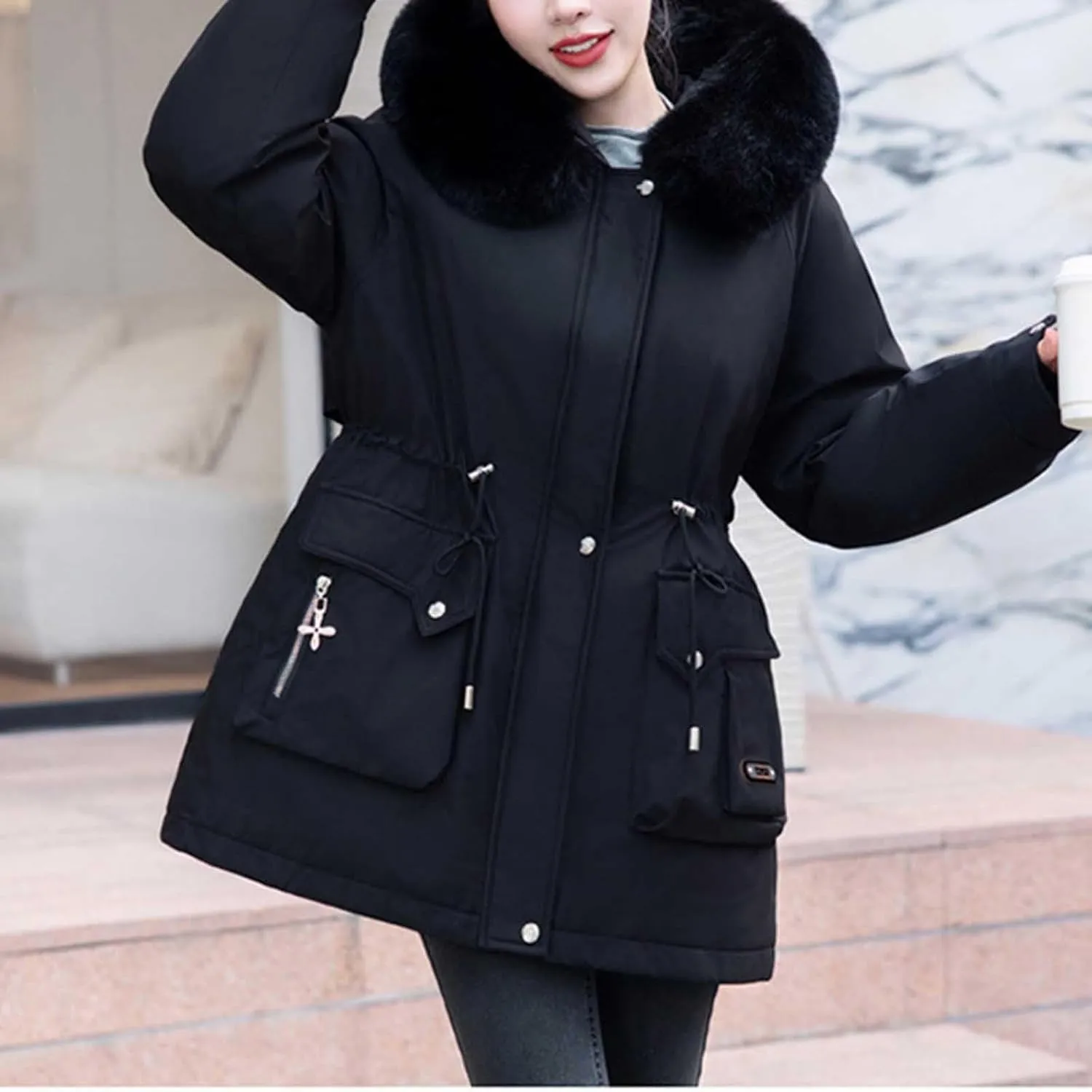 Long Parka Jacket Women Fur Hood Puffer Coat Winter Warm Cotton Padded Windbreaker Overcoat with Pockets