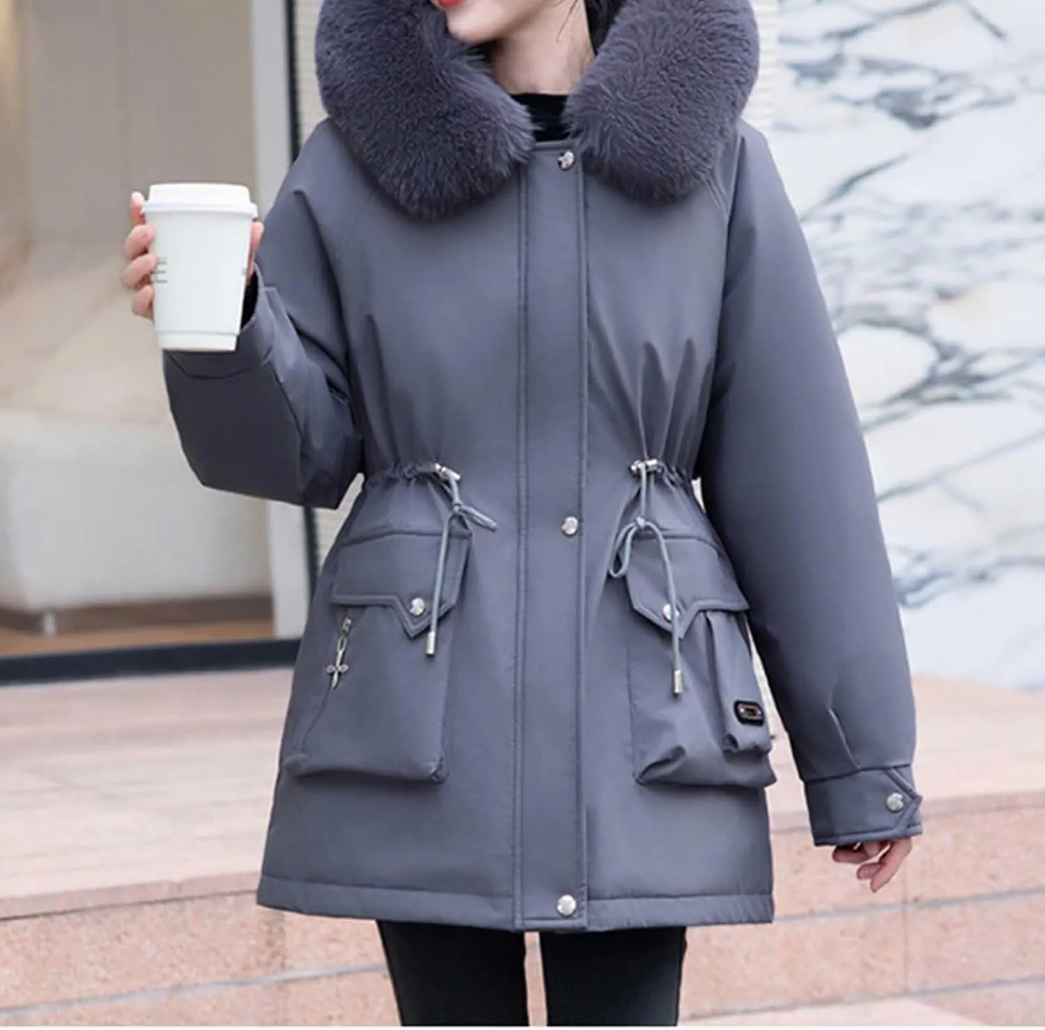 Long Parka Jacket Women Fur Hood Puffer Coat Winter Warm Cotton Padded Windbreaker Overcoat with Pockets