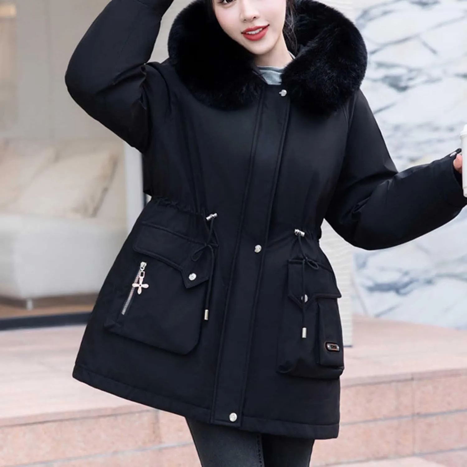 Long Parka Jacket Women Fur Hood Puffer Coat Winter Warm Cotton Padded Windbreaker Overcoat with Pockets