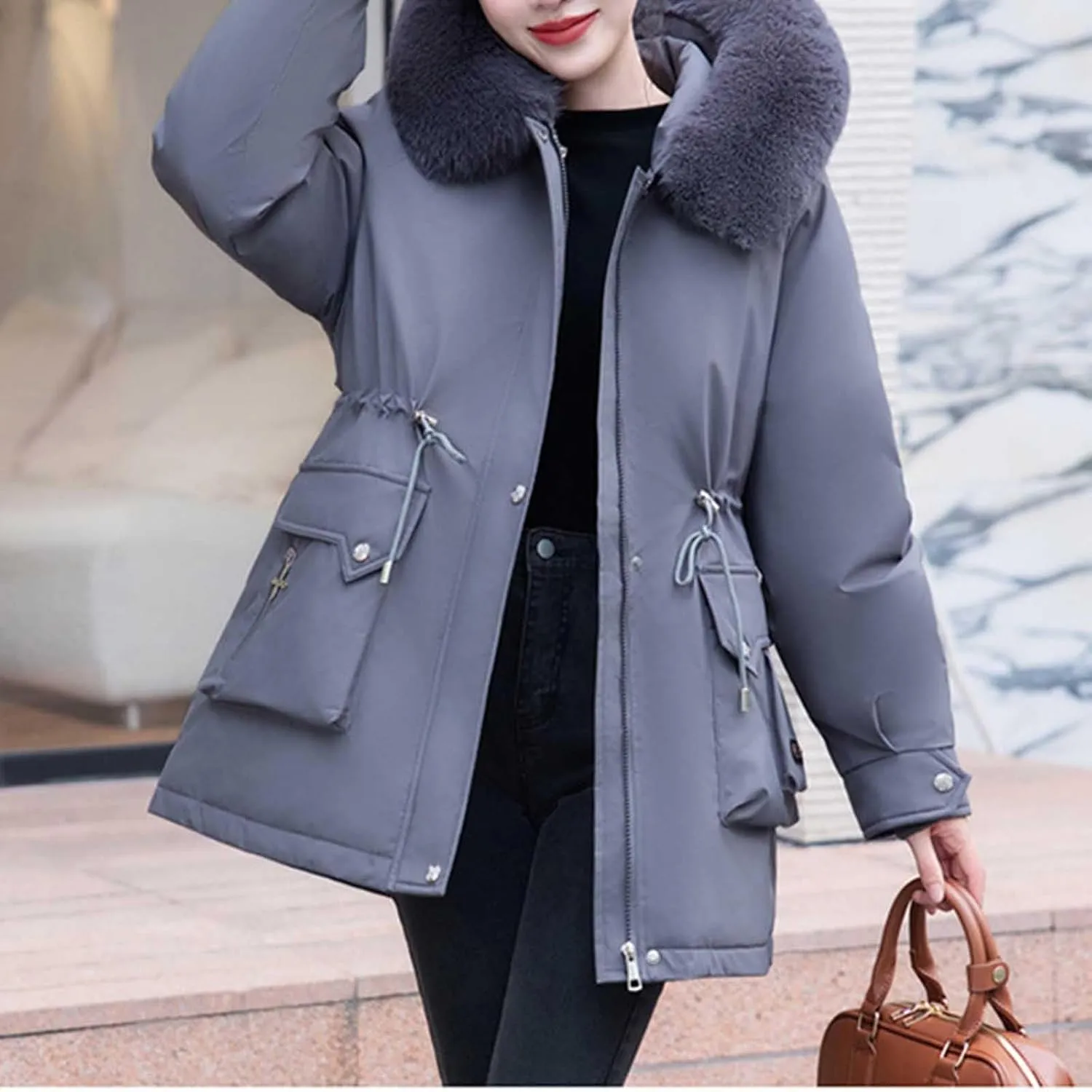 Long Parka Jacket Women Fur Hood Puffer Coat Winter Warm Cotton Padded Windbreaker Overcoat with Pockets