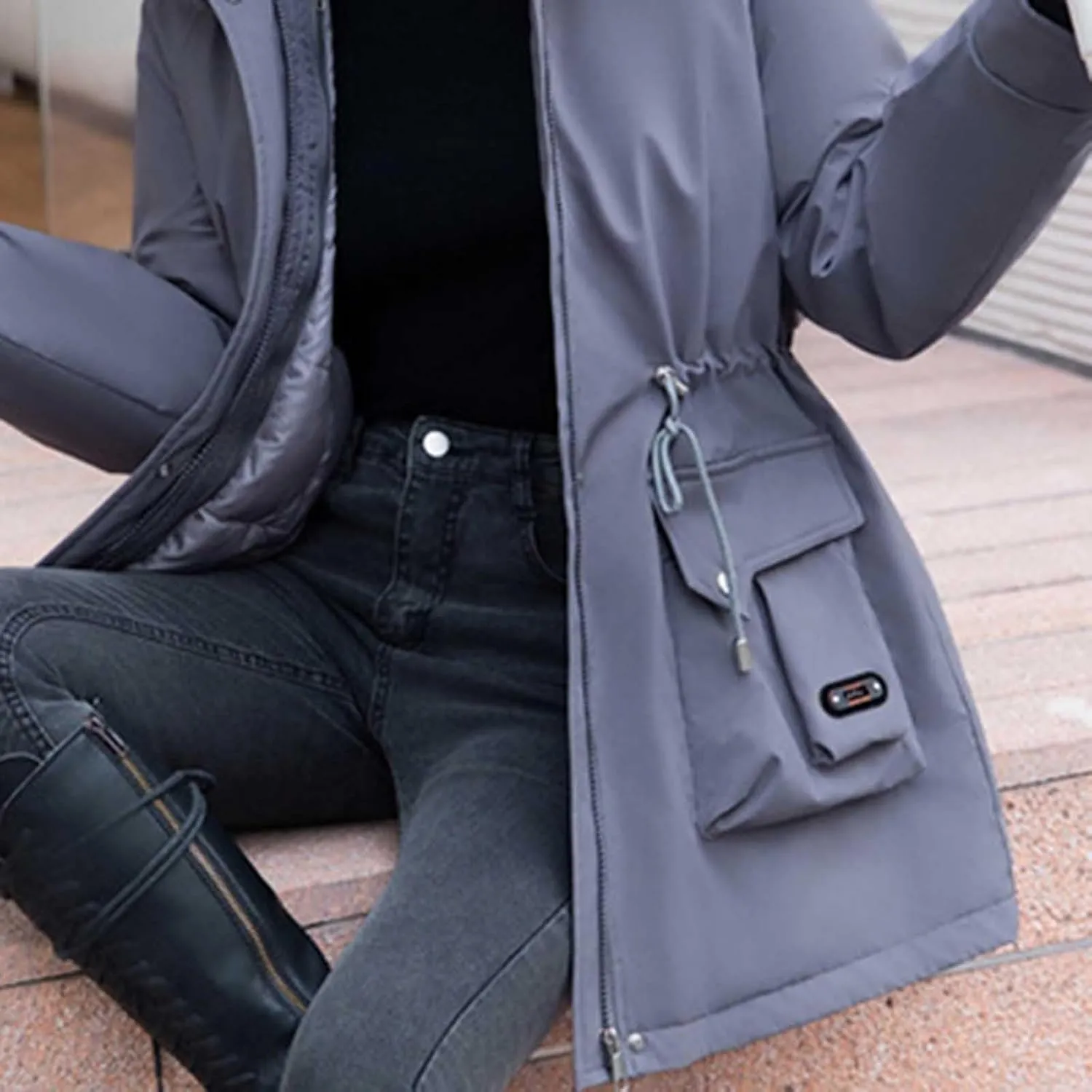 Long Parka Jacket Women Fur Hood Puffer Coat Winter Warm Cotton Padded Windbreaker Overcoat with Pockets