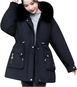 Long Parka Jacket Women Fur Hood Puffer Coat Winter Warm Cotton Padded Windbreaker Overcoat with Pockets