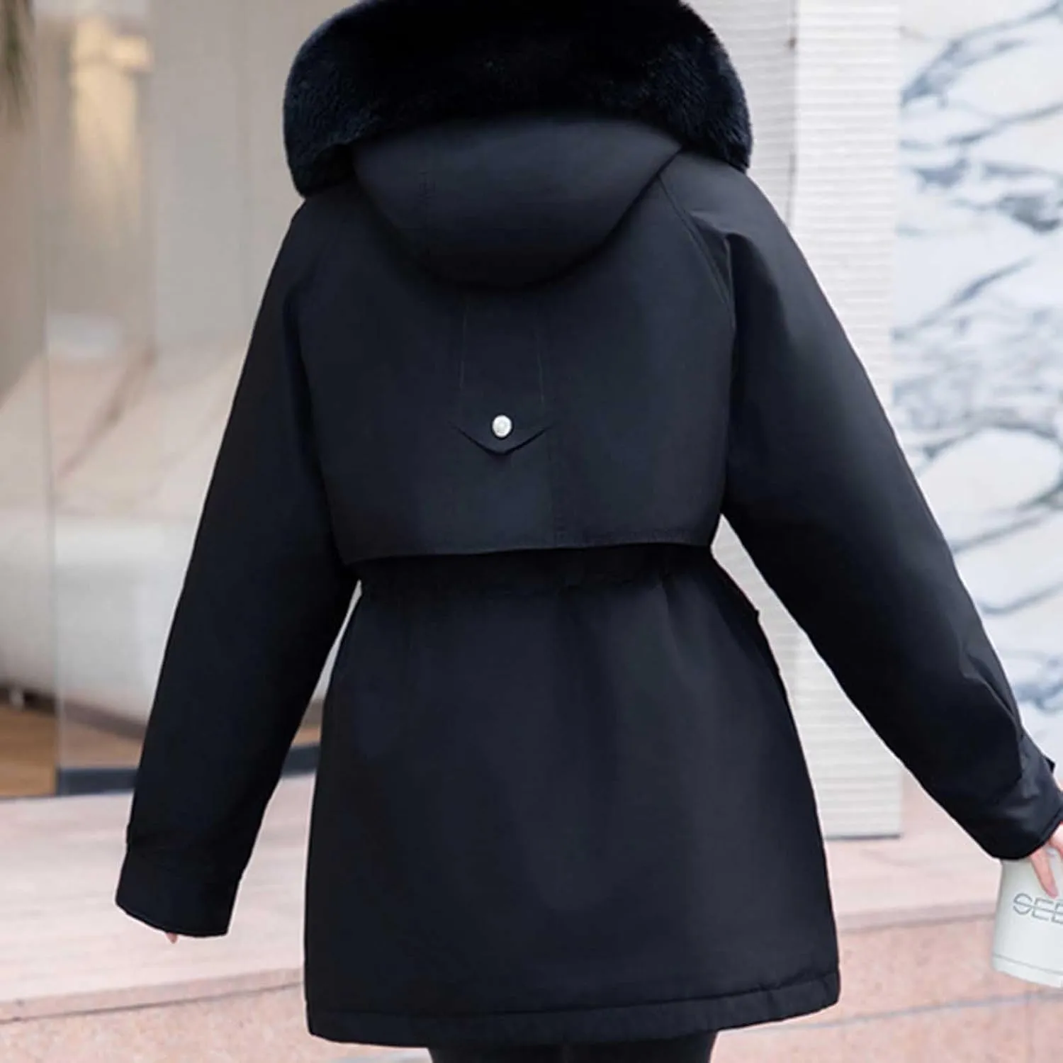 Long Parka Jacket Women Fur Hood Puffer Coat Winter Warm Cotton Padded Windbreaker Overcoat with Pockets