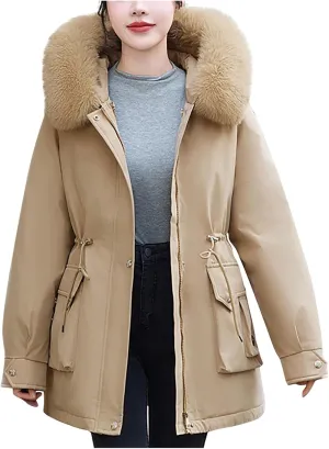 Long Parka Jacket Women Fur Hood Puffer Coat Winter Warm Cotton Padded Windbreaker Overcoat with Pockets