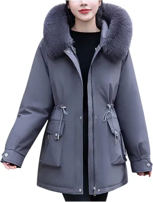 Long Parka Jacket Women Fur Hood Puffer Coat Winter Warm Cotton Padded Windbreaker Overcoat with Pockets