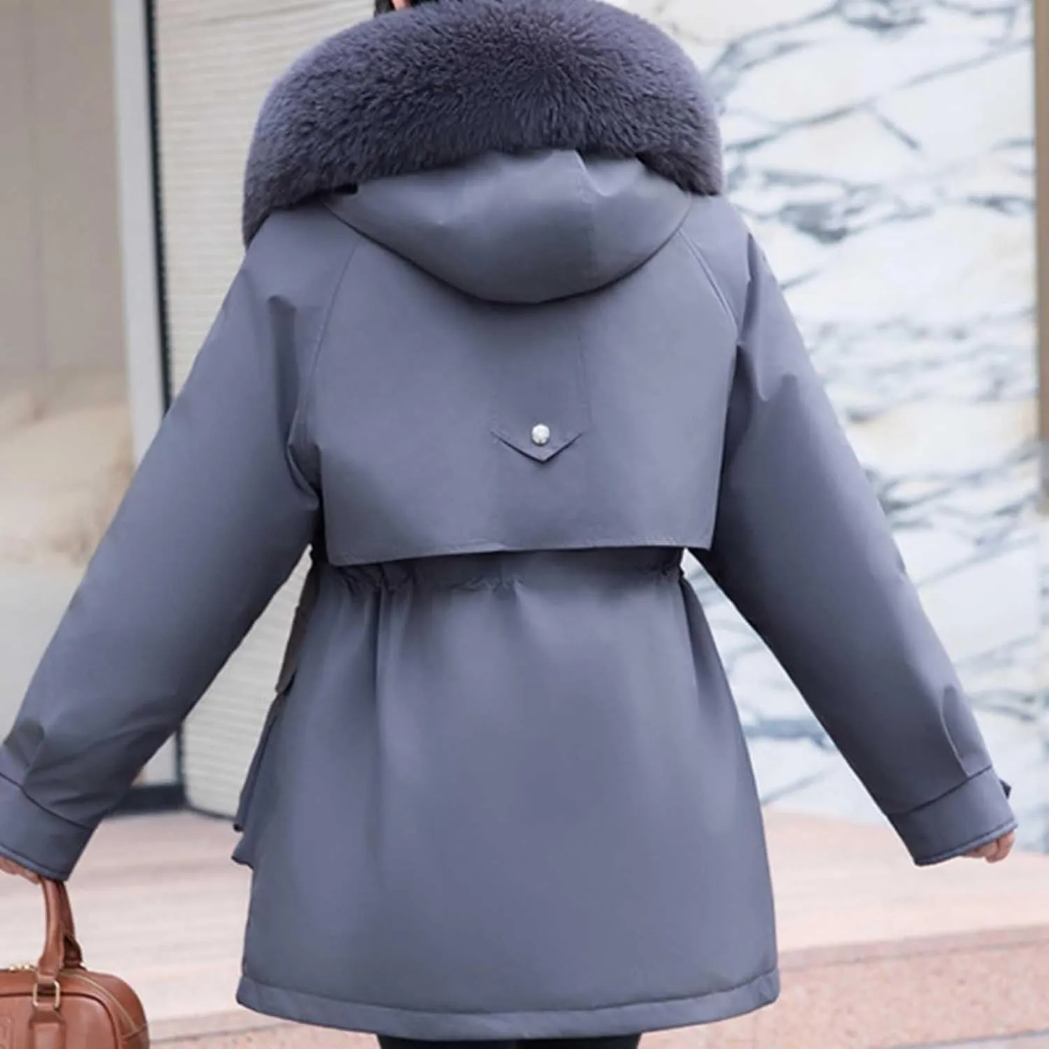 Long Parka Jacket Women Fur Hood Puffer Coat Winter Warm Cotton Padded Windbreaker Overcoat with Pockets