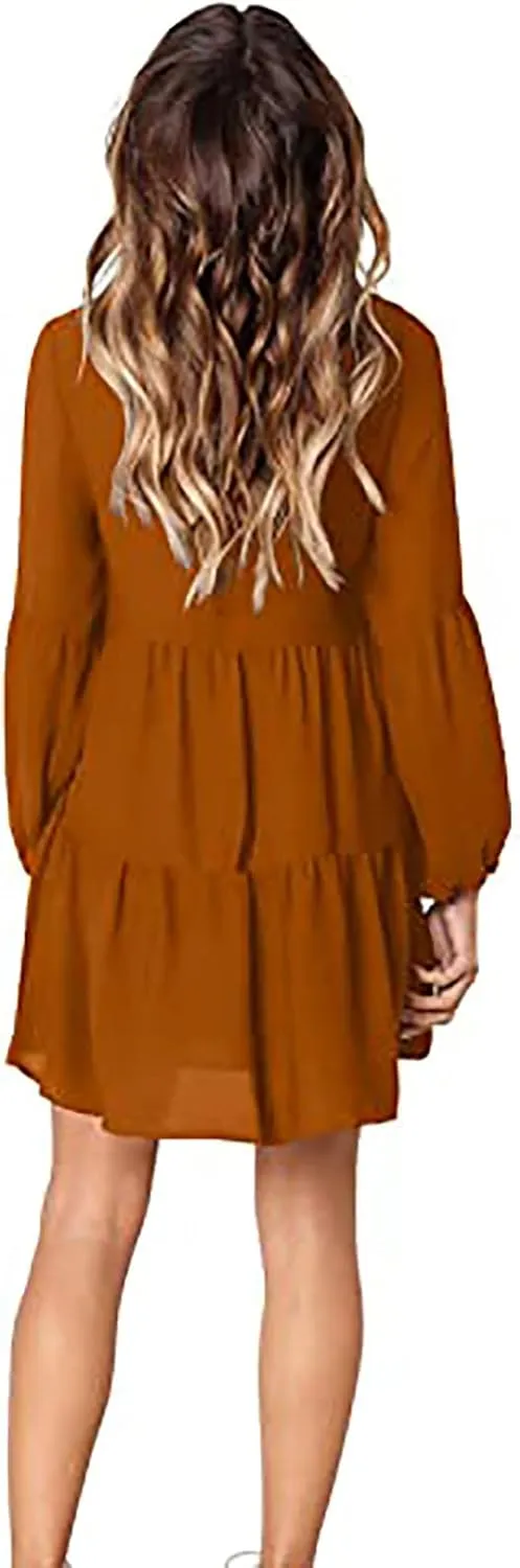 Long Sleeve Dress for Women,2025 Summer Casual Mini Dresses Loose Flowy Tiered Dress,V Neck Boho Ruffle Beach Dres