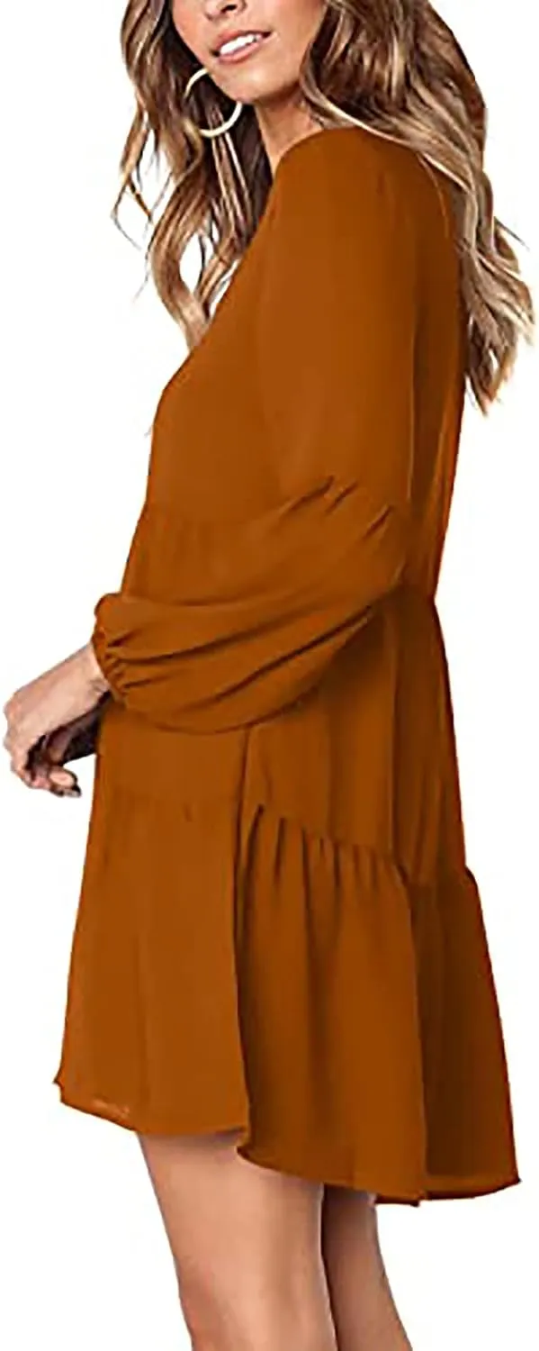 Long Sleeve Dress for Women,2025 Summer Casual Mini Dresses Loose Flowy Tiered Dress,V Neck Boho Ruffle Beach Dres