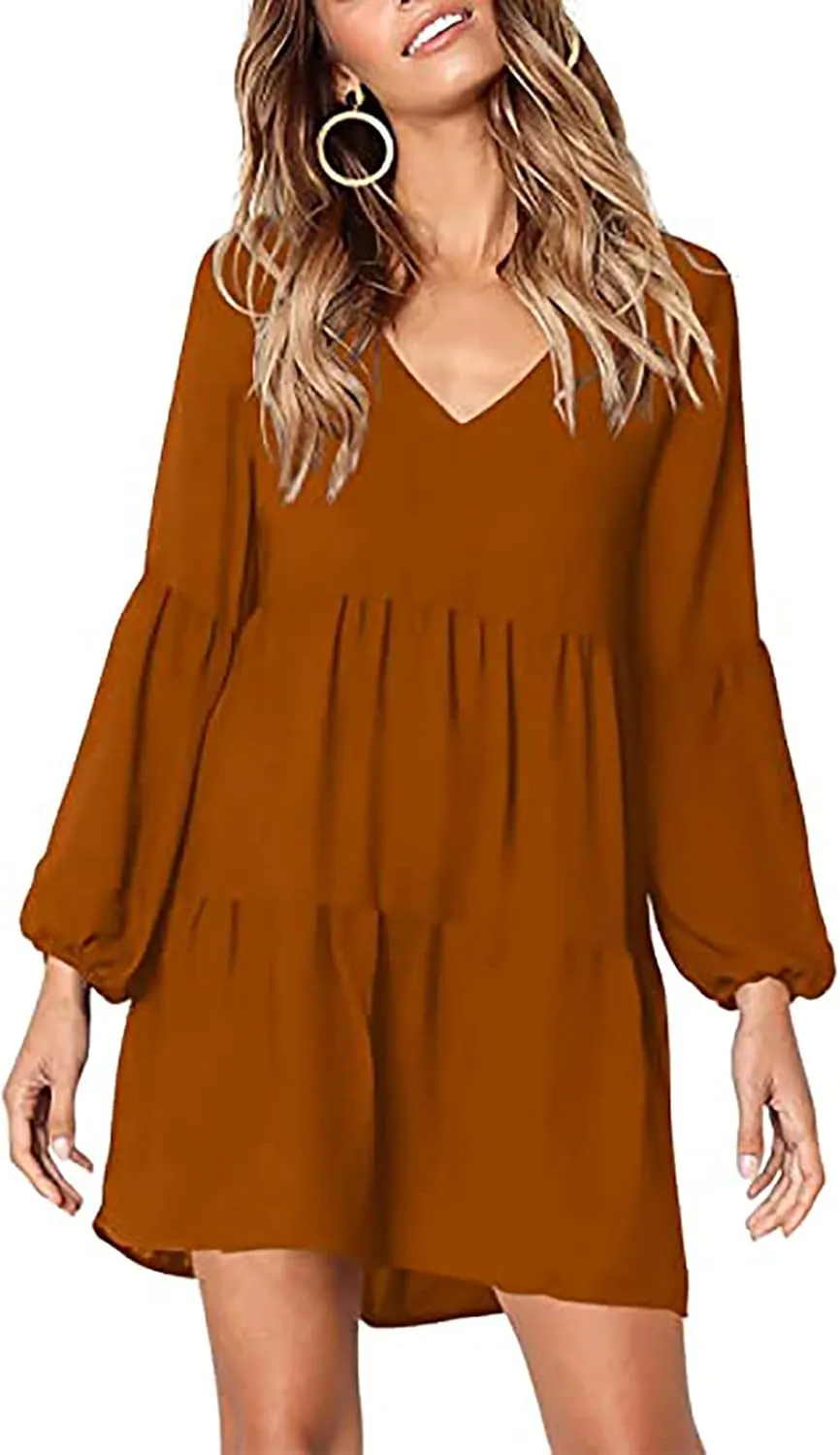 Long Sleeve Dress for Women,2025 Summer Casual Mini Dresses Loose Flowy Tiered Dress,V Neck Boho Ruffle Beach Dres