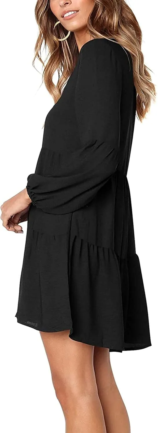 Long Sleeve Dress for Women,2025 Summer Casual Mini Dresses Loose Flowy Tiered Dress,V Neck Boho Ruffle Beach Dres