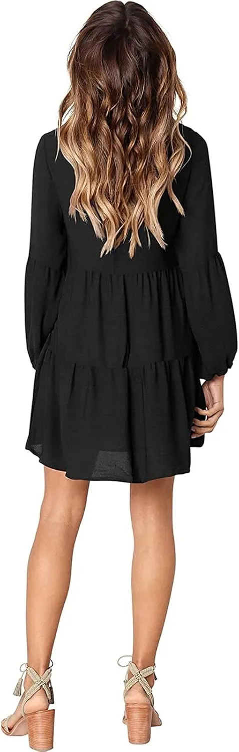 Long Sleeve Dress for Women,2025 Summer Casual Mini Dresses Loose Flowy Tiered Dress,V Neck Boho Ruffle Beach Dres