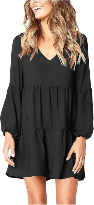 Long Sleeve Dress for Women,2025 Summer Casual Mini Dresses Loose Flowy Tiered Dress,V Neck Boho Ruffle Beach Dres