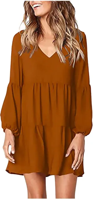 Long Sleeve Dress for Women,2025 Summer Casual Mini Dresses Loose Flowy Tiered Dress,V Neck Boho Ruffle Beach Dres