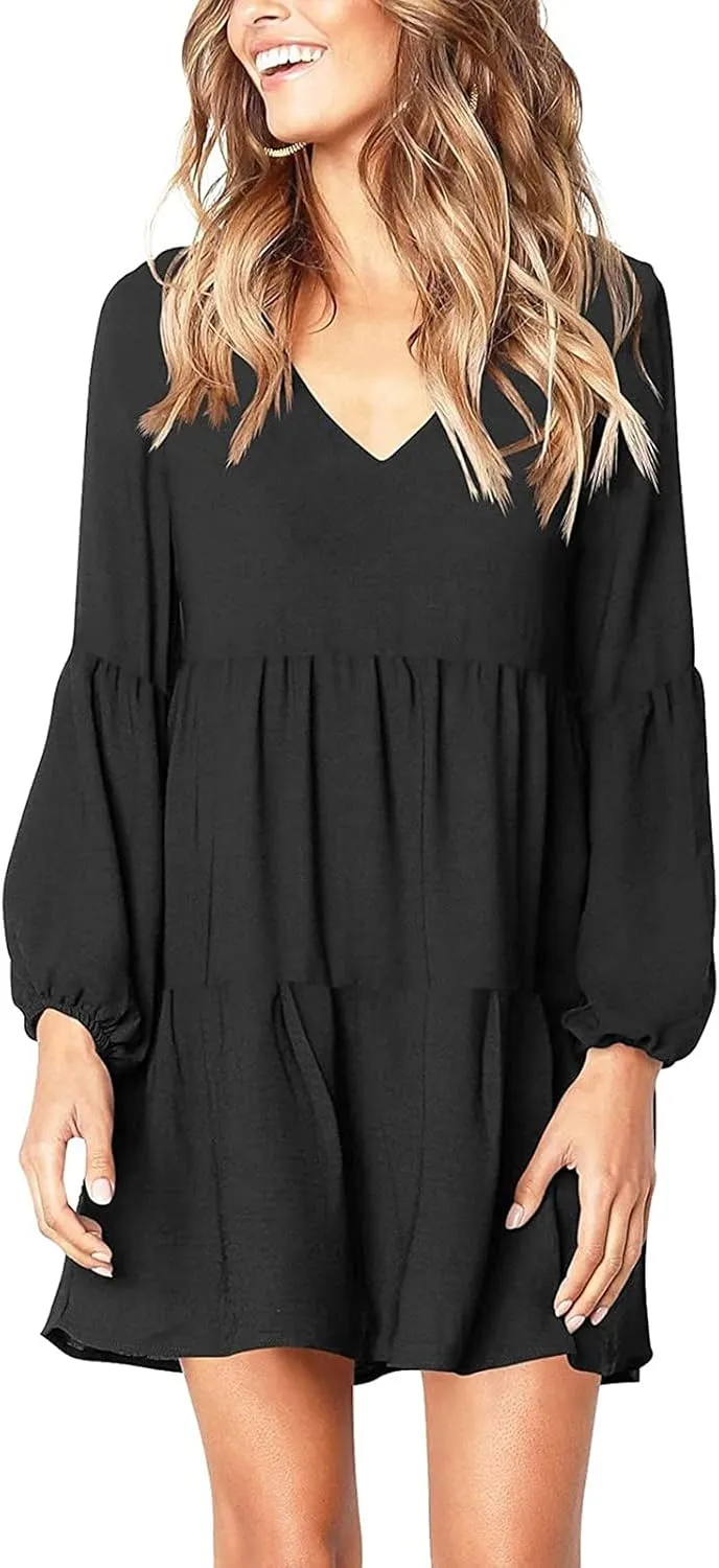 Long Sleeve Dress for Women,2025 Summer Casual Mini Dresses Loose Flowy Tiered Dress,V Neck Boho Ruffle Beach Dres