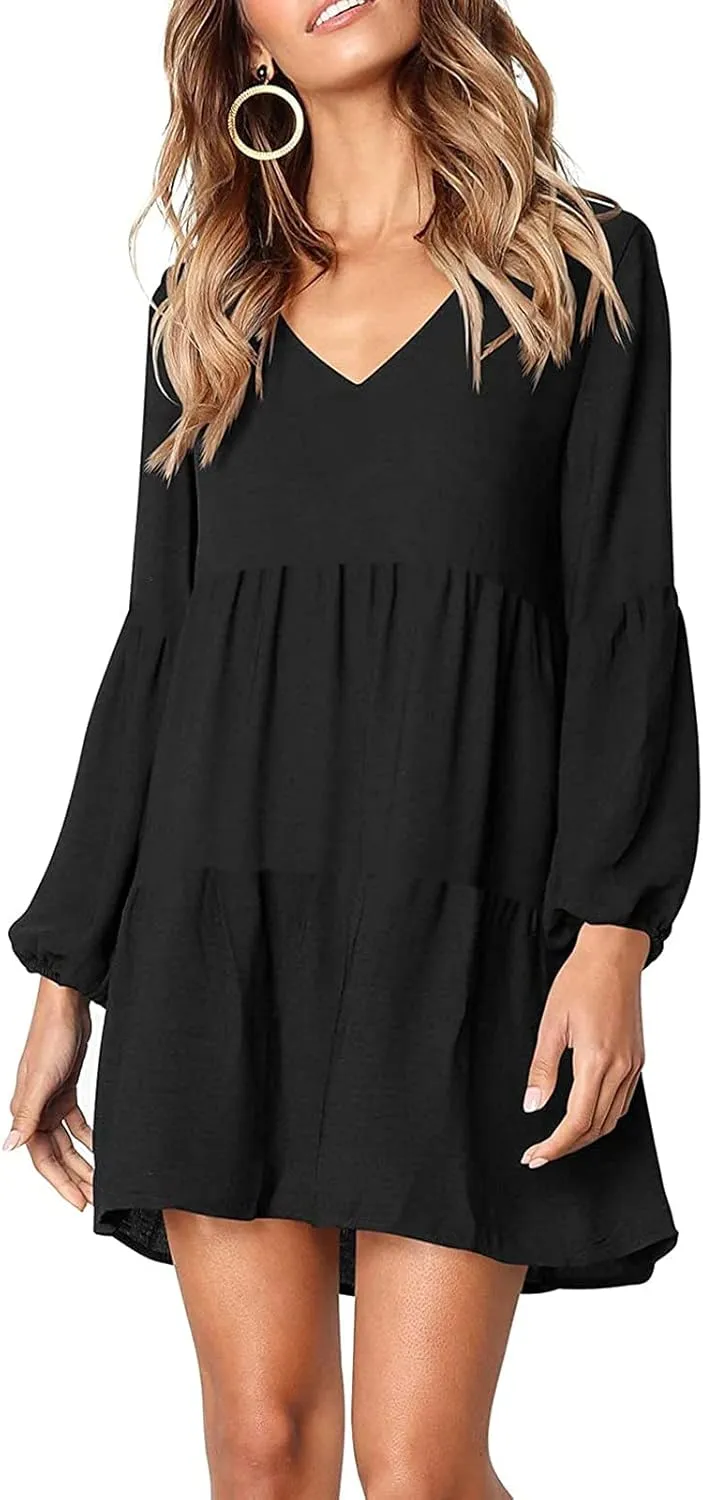 Long Sleeve Dress for Women,2025 Summer Casual Mini Dresses Loose Flowy Tiered Dress,V Neck Boho Ruffle Beach Dres